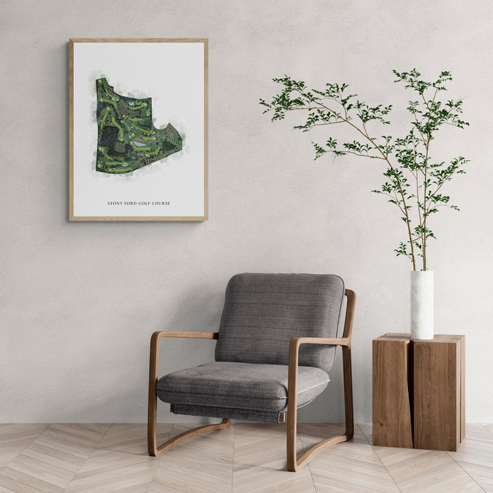 Classic Map of Stony Ford Golf Course with a comfy armchair and large plant