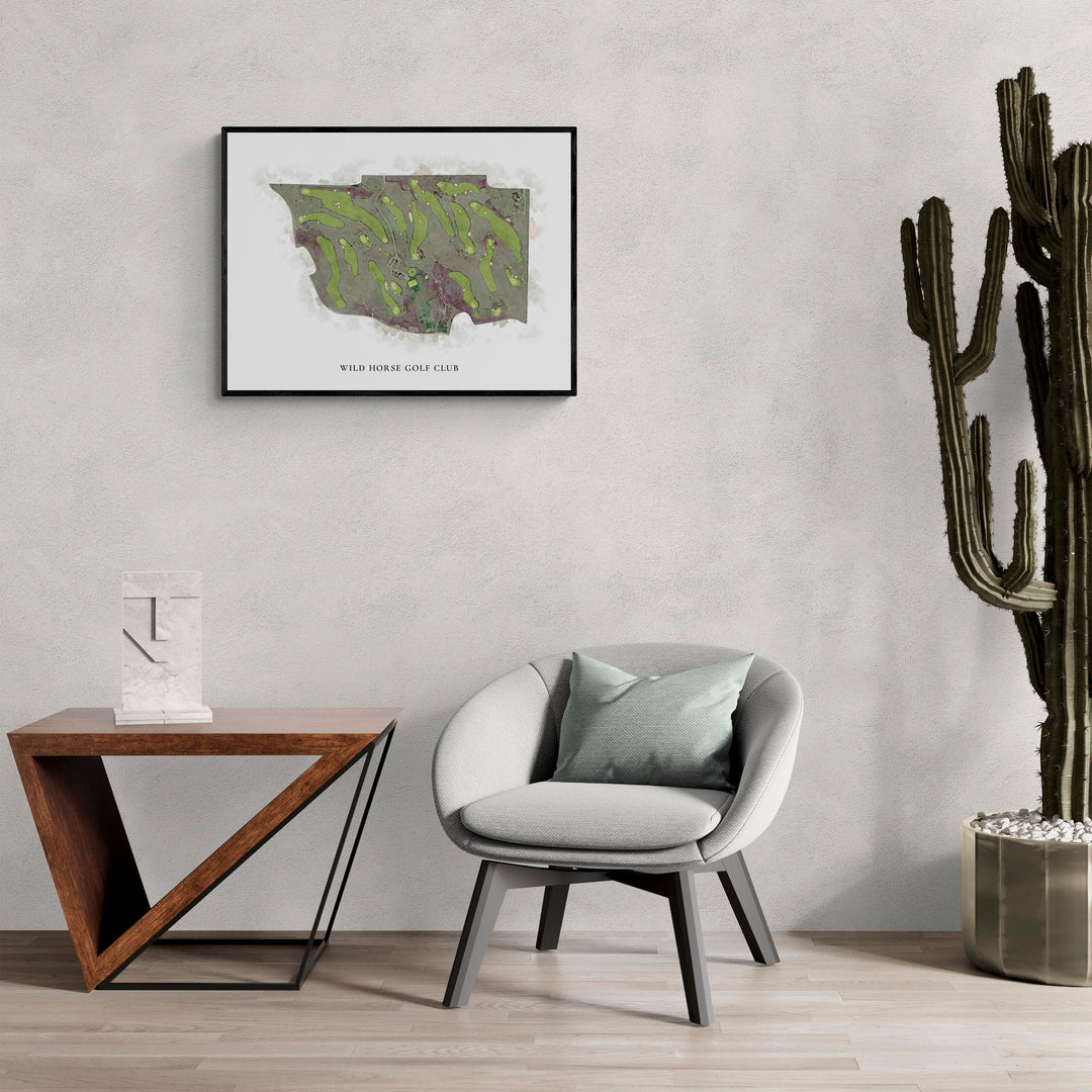 Classic Map of Wild Horse Golf Club in a living room with large cactus plant