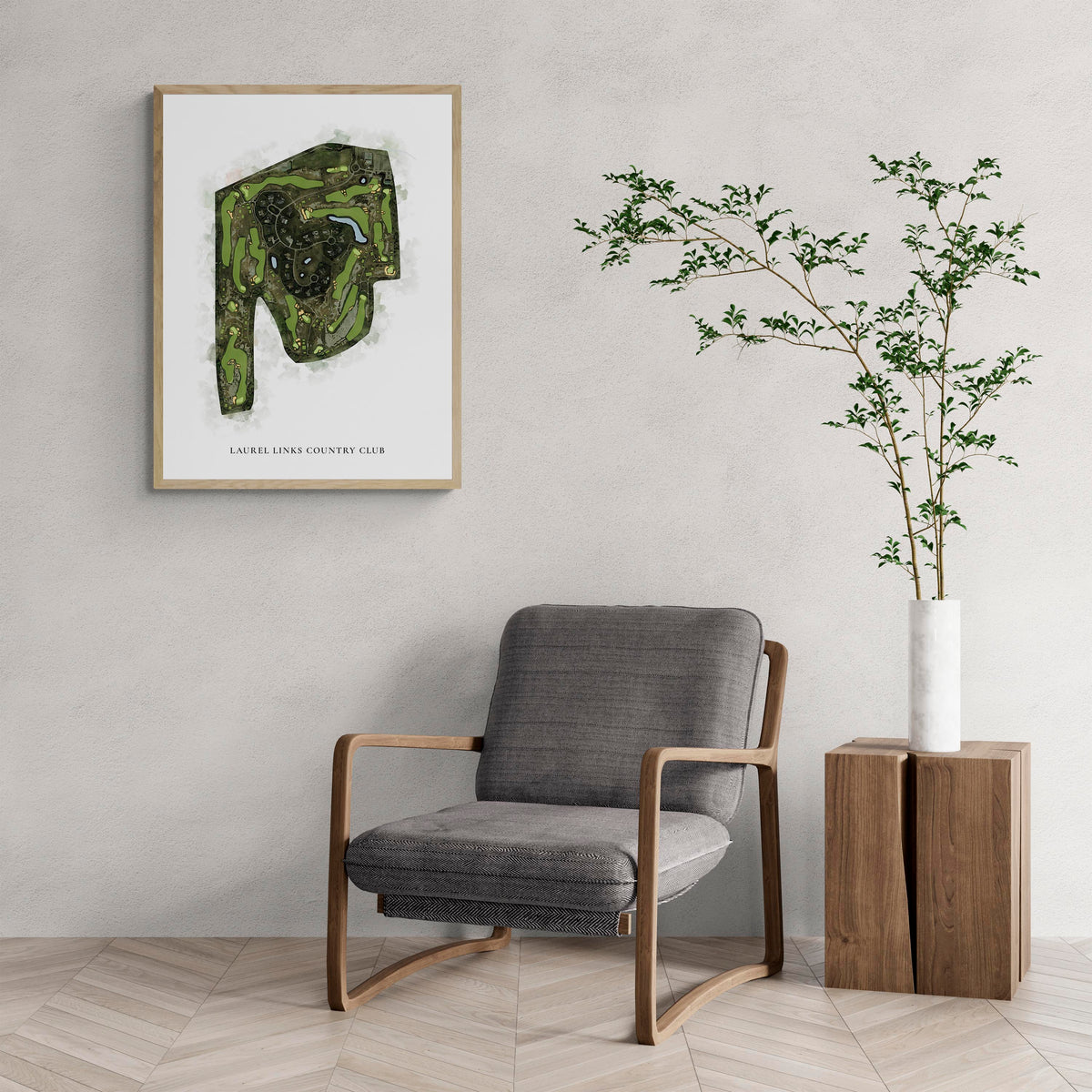 Classic Map of Laurel Links Country Club with a comfy armchair and large plant