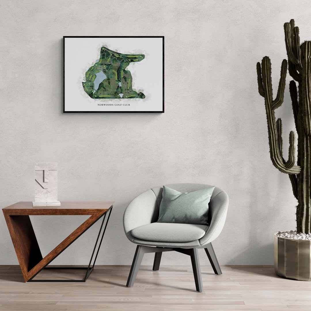 Classic Map of Norwoods Golf Club in a living room with large cactus plant