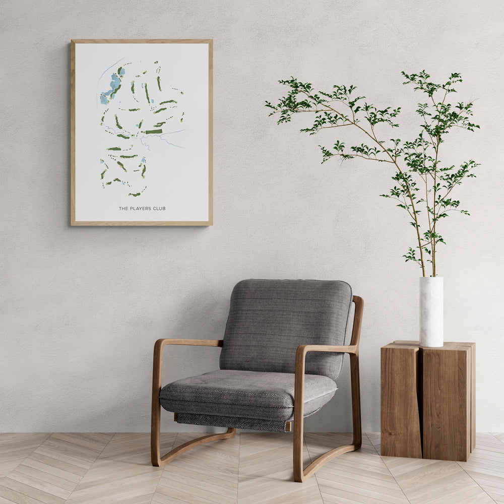 Modern Map of The Players Club with a comfy armchair and large plant