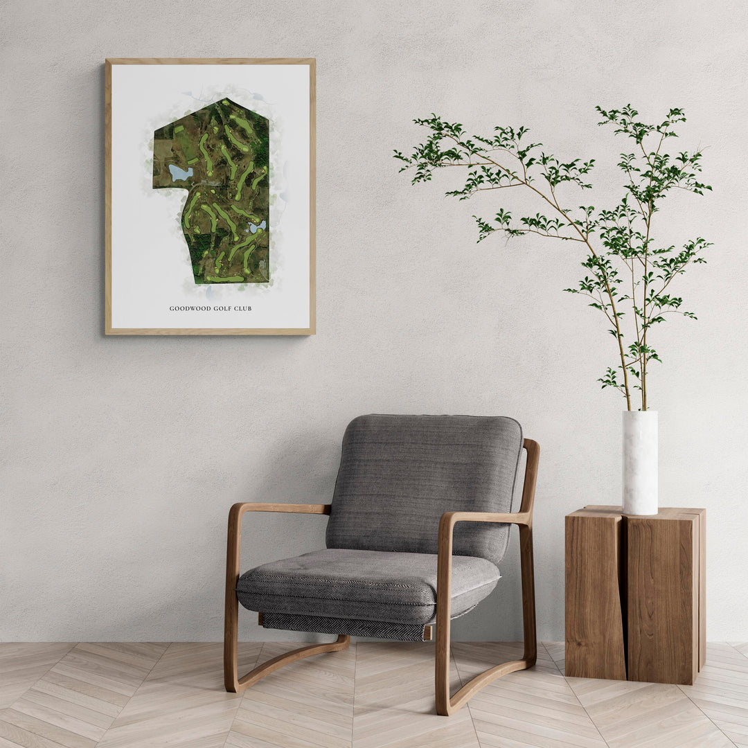 Classic Map of Goodwood Golf Club with a comfy armchair and large plant