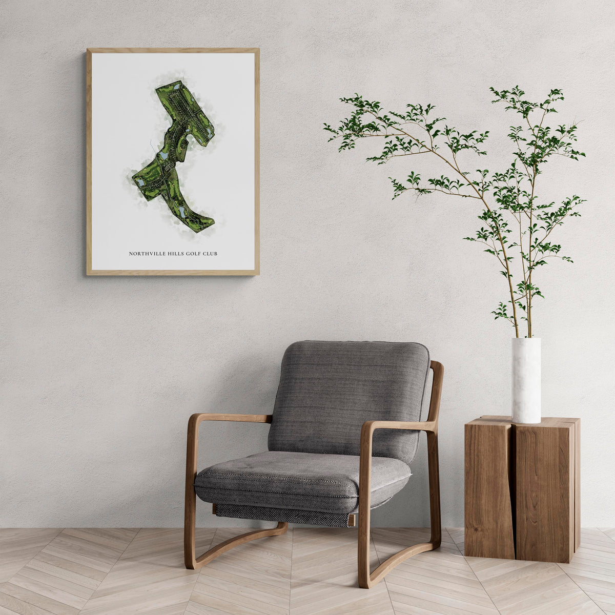 Classic Map of Northville Hills Golf Club with a comfy armchair and large plant