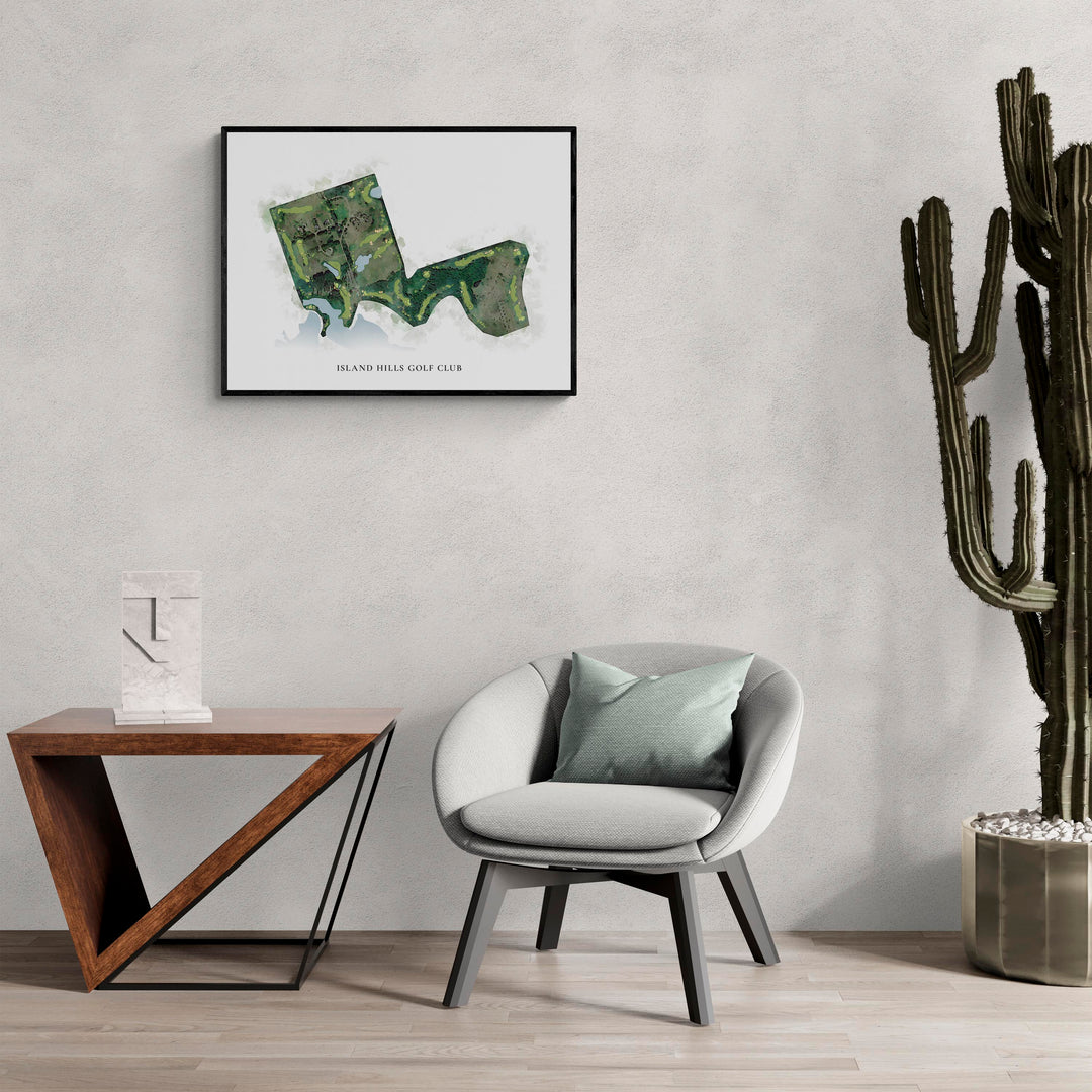 Classic Map of Island Hills Golf Club in a living room with large cactus plant