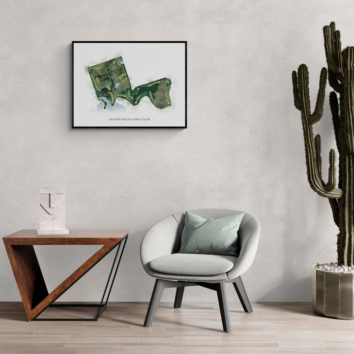 Classic Map of Island Hills Golf Club in a living room with large cactus plant