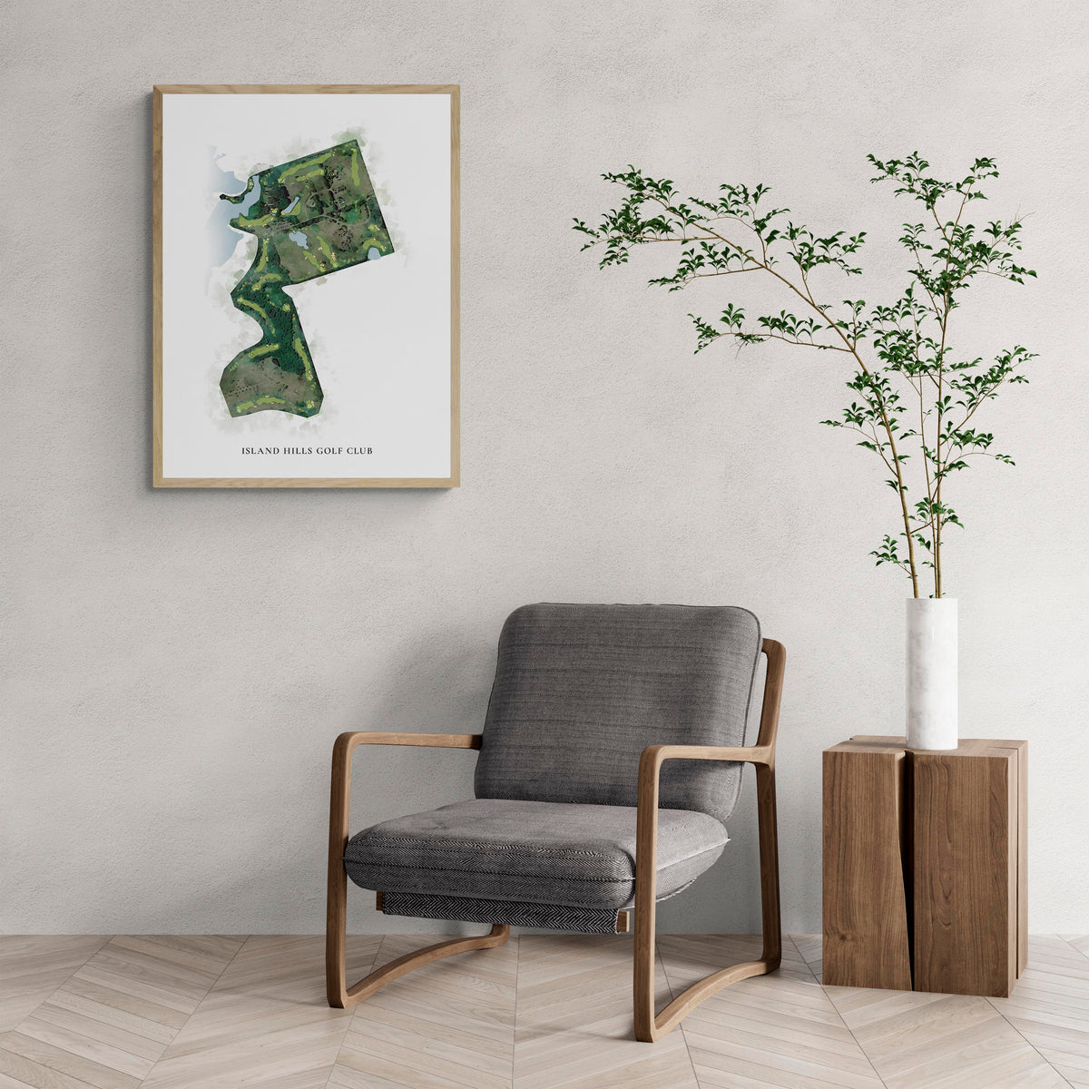 Classic Map of Island Hills Golf Club with a comfy armchair and large plant