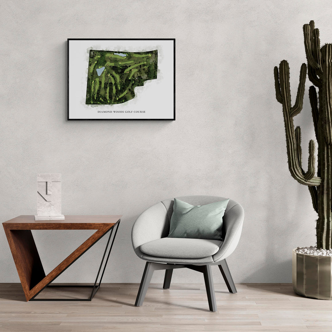 Classic Map of Diamond Woods Golf Course in a living room with large cactus plant