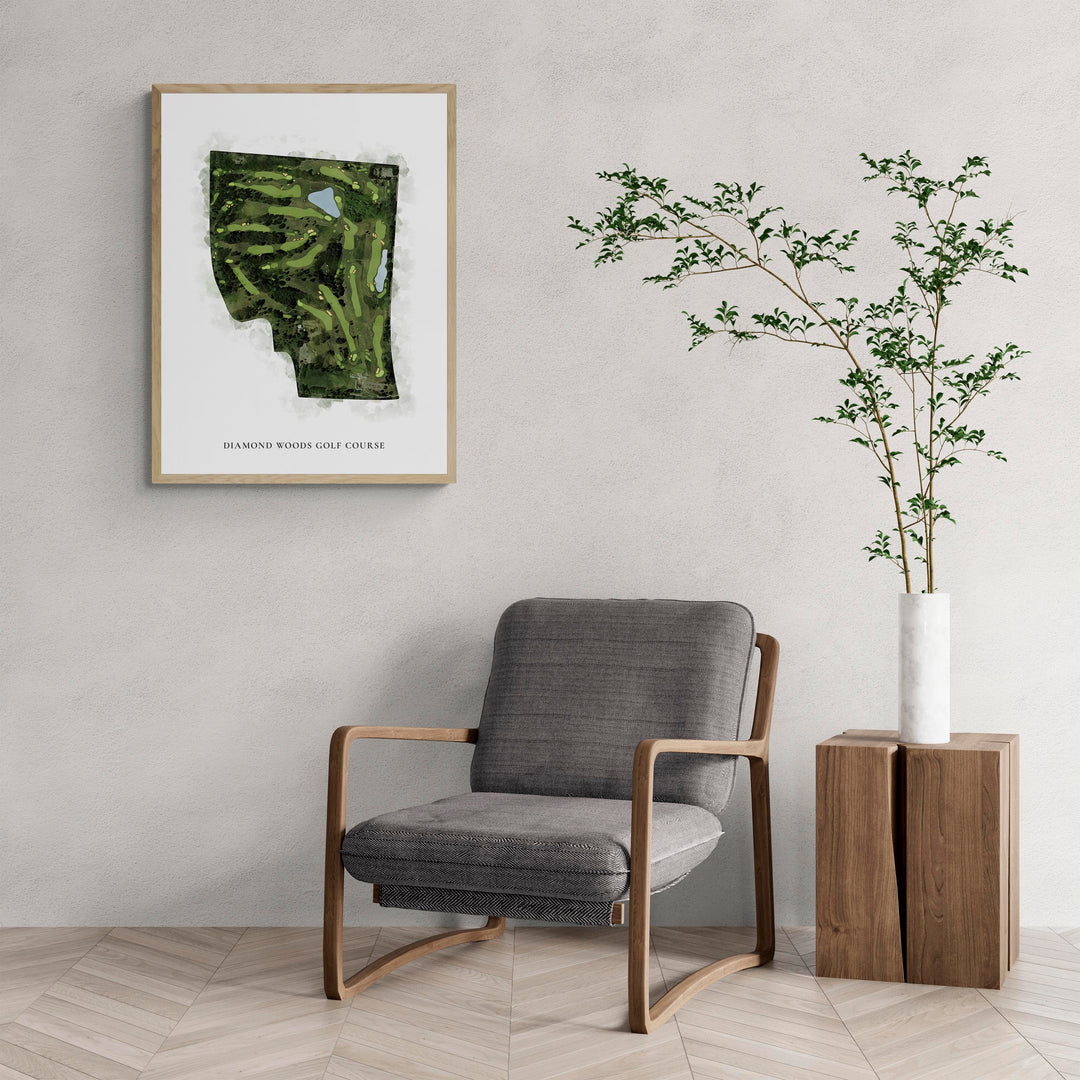Classic Map of Diamond Woods Golf Course with a comfy armchair and large plant