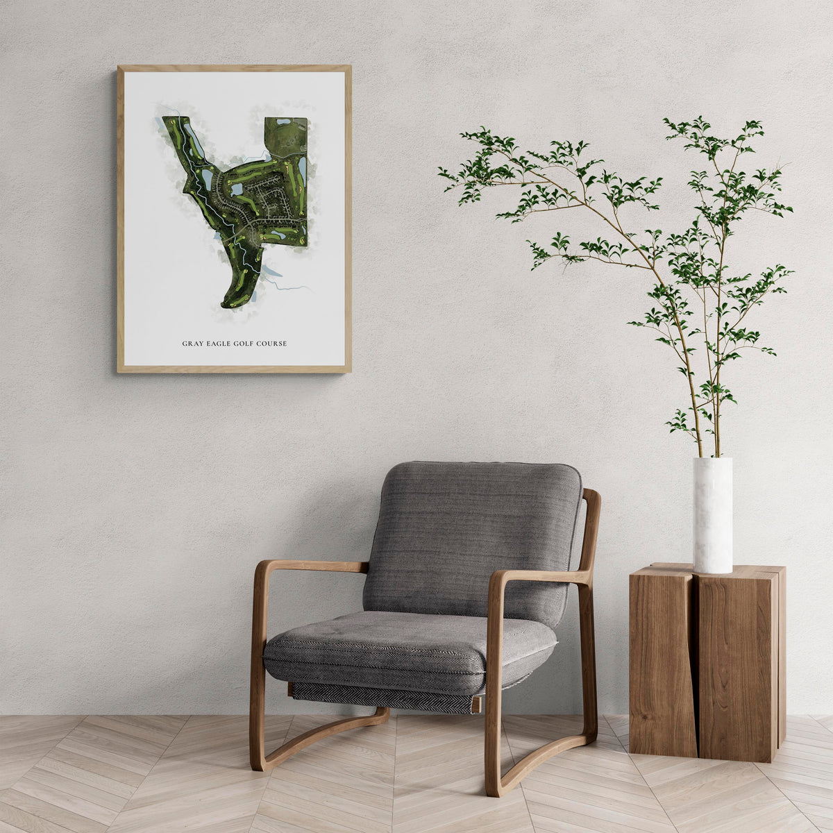 Classic Map of Gray Eagle Golf Course with a comfy armchair and large plant