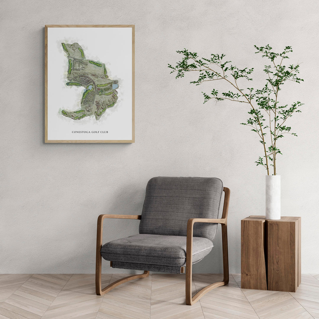Classic Map of Conestoga Golf Club with a comfy armchair and large plant