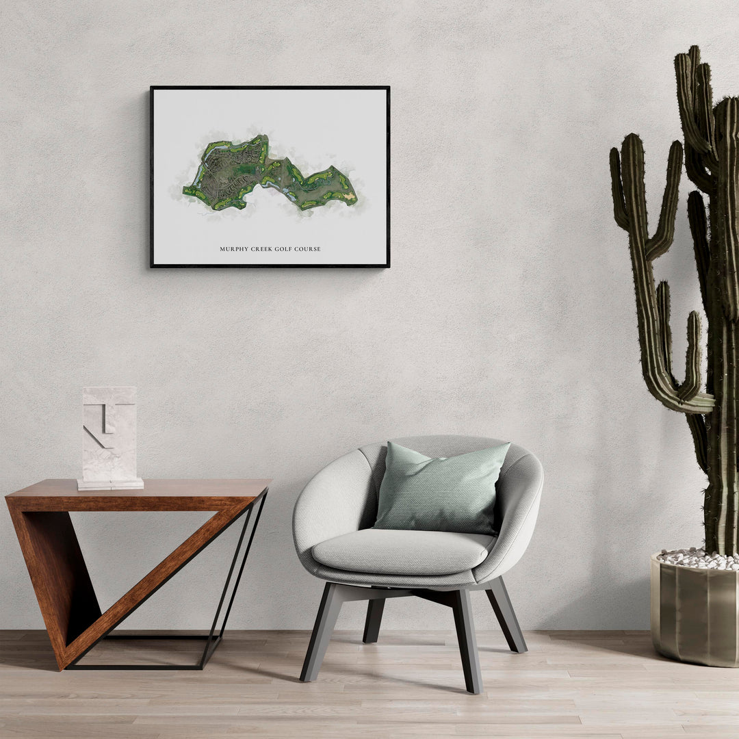 Classic Map of Murphy Creek Golf Course in a living room with large cactus plant