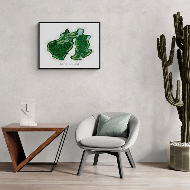 Classic Map of Cortez Golf Course in a living room with large cactus plant