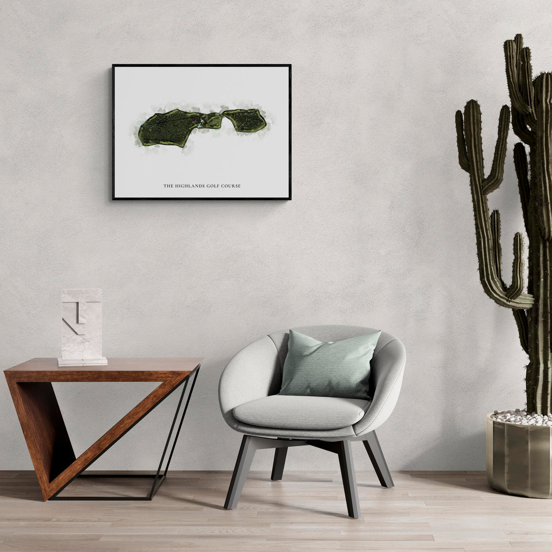 Classic Map of The Highlands Golf Course in a living room with large cactus plant