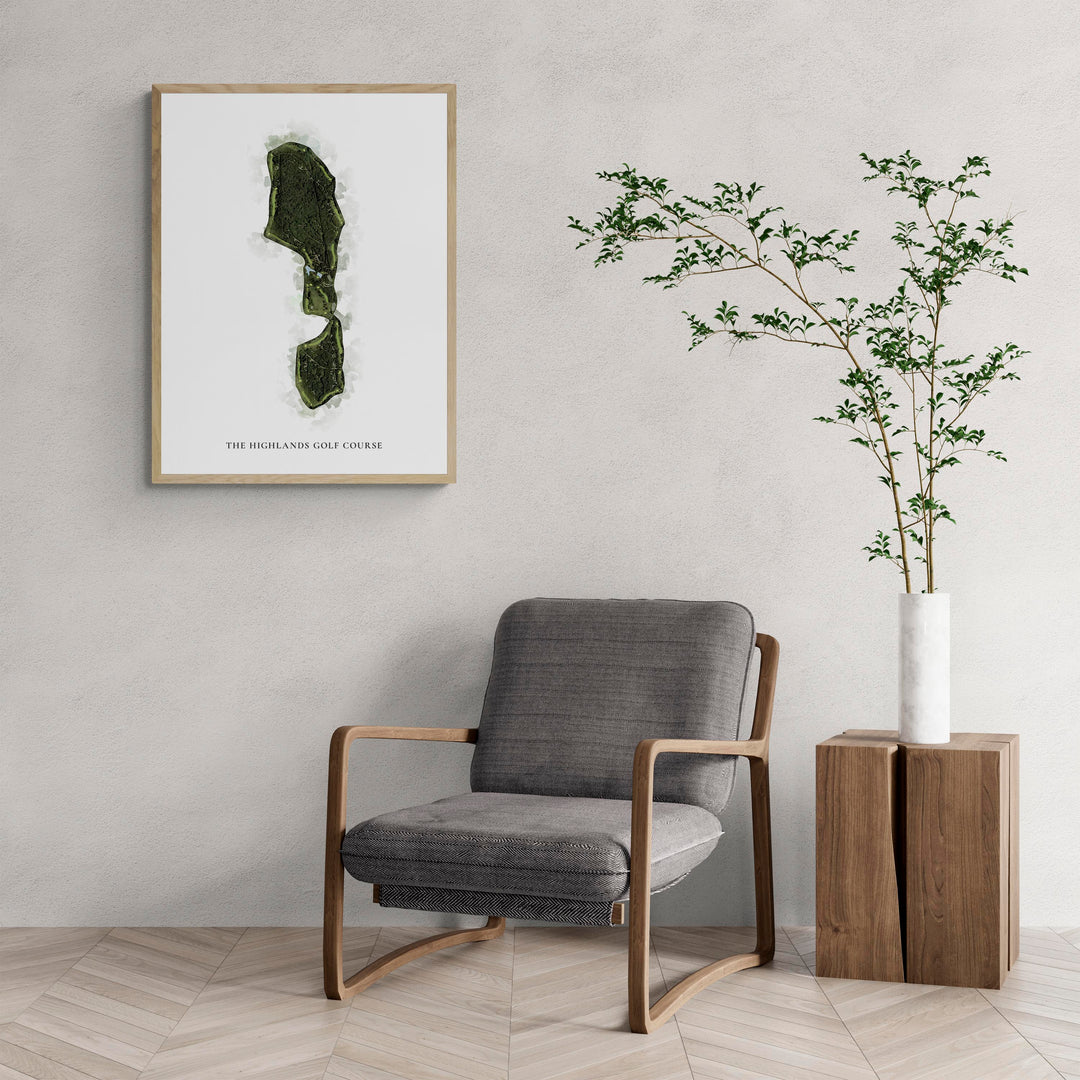 Classic Map of The Highlands Golf Course with a comfy armchair and large plant