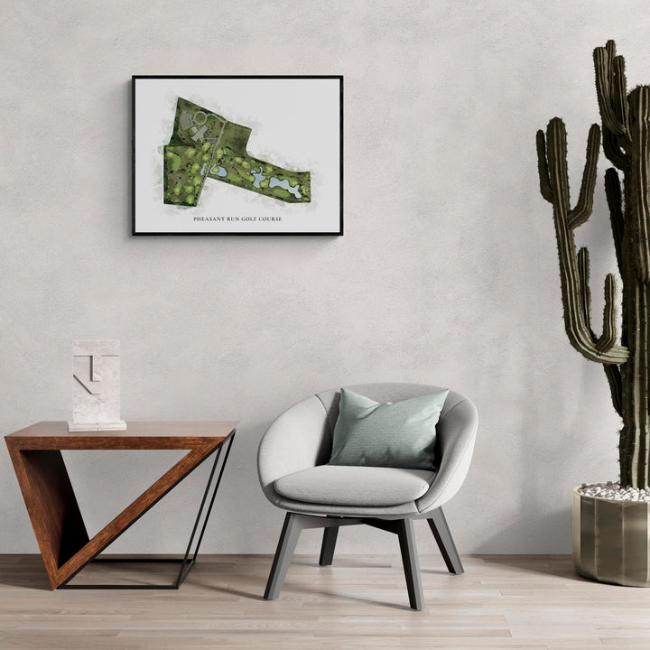 Classic Map of Pheasant Run Golf Course in a living room with large cactus plant