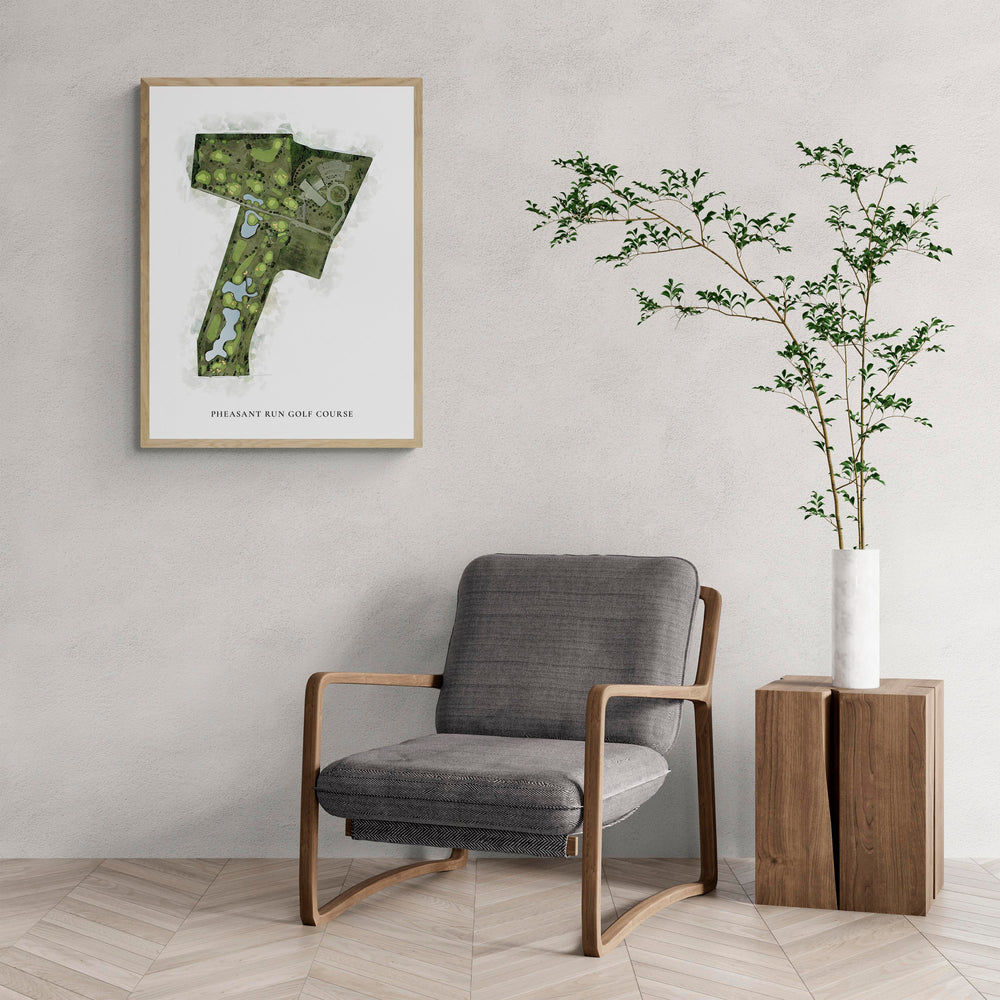 Classic Map of Pheasant Run Golf Course with a comfy armchair and large plant