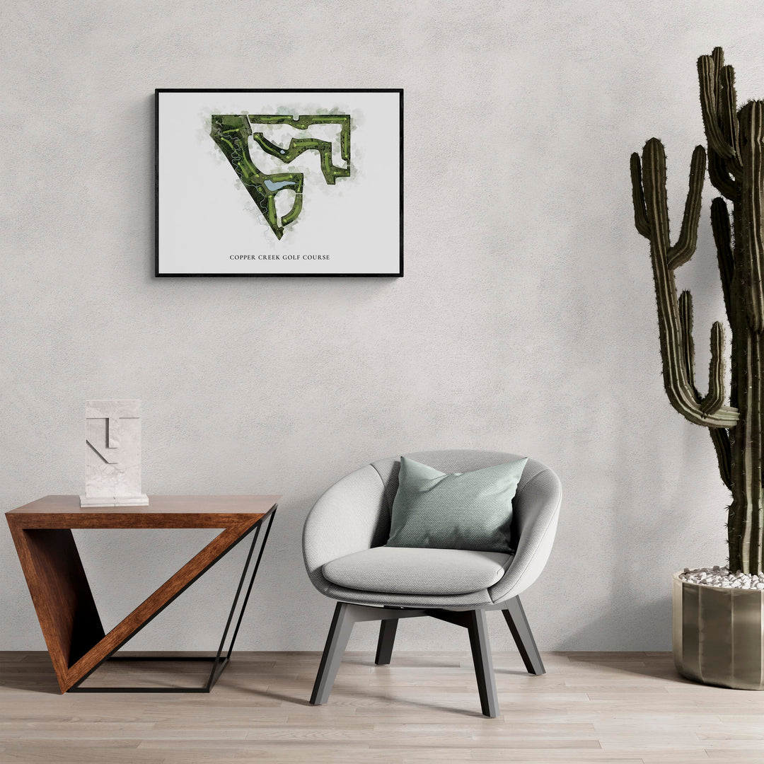 Classic Map of Copper Creek Golf Course in a living room with large cactus plant