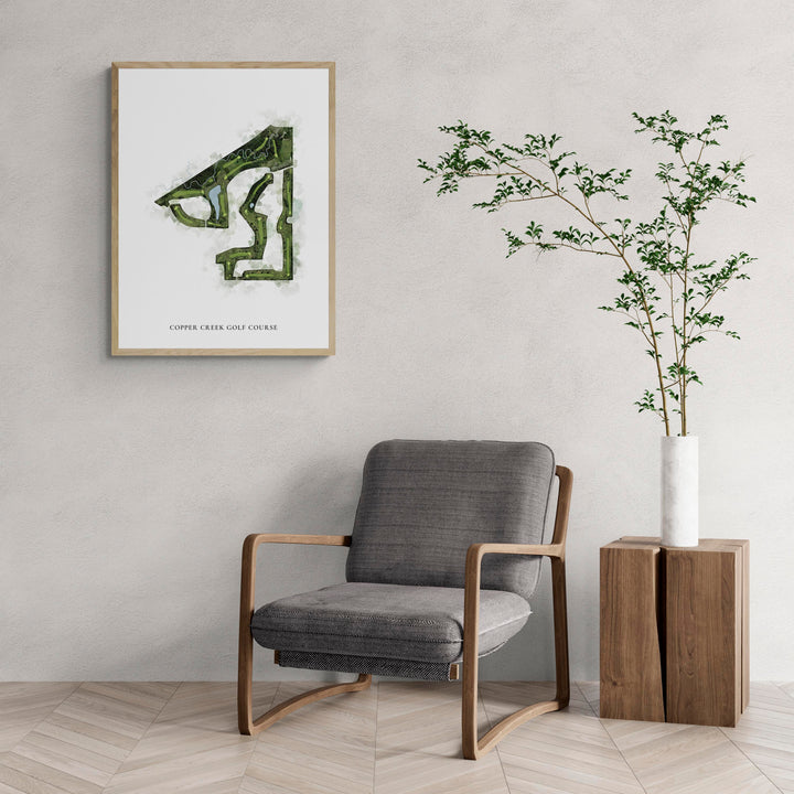 Classic Map of Copper Creek Golf Course with a comfy armchair and large plant