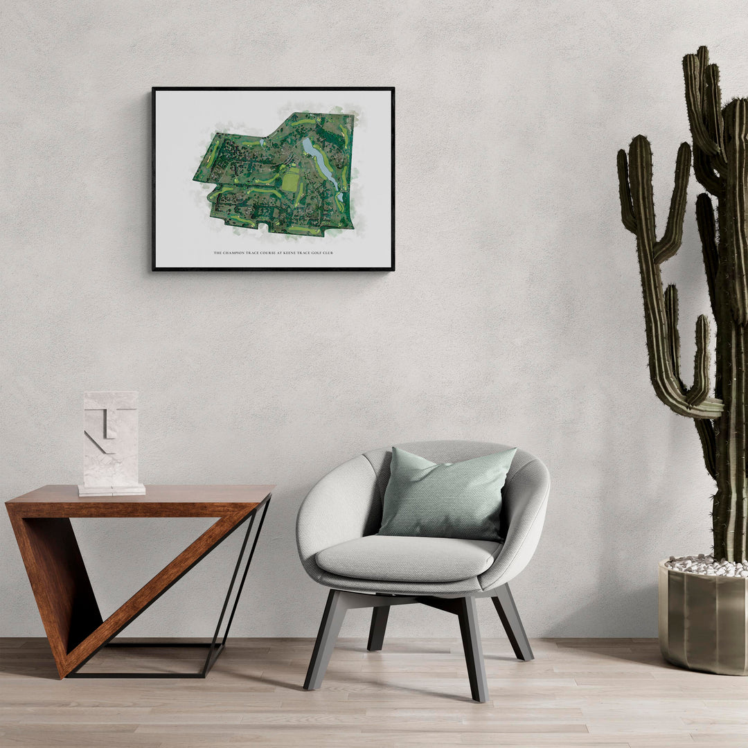 Classic Map of The Champion Trace Course At Keene Trace Golf Club in a living room with large cactus plant