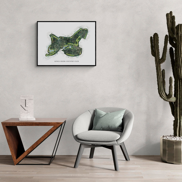 Classic Map of Kings Creek Country Club in a living room with large cactus plant