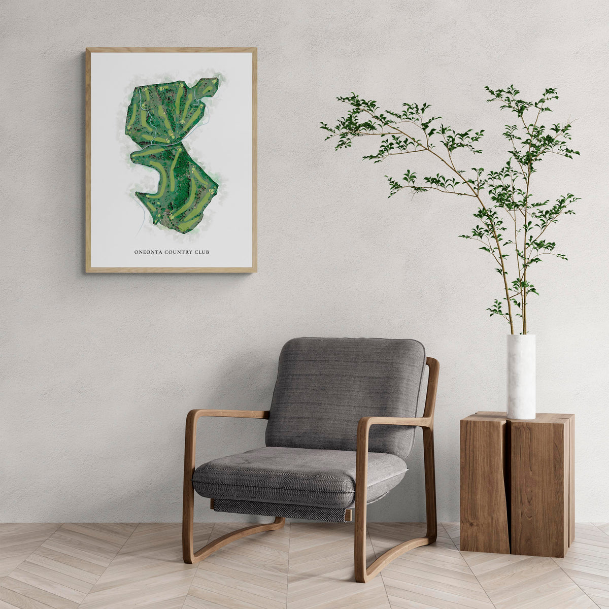 Classic Map of Oneonta Country Club with a comfy armchair and large plant