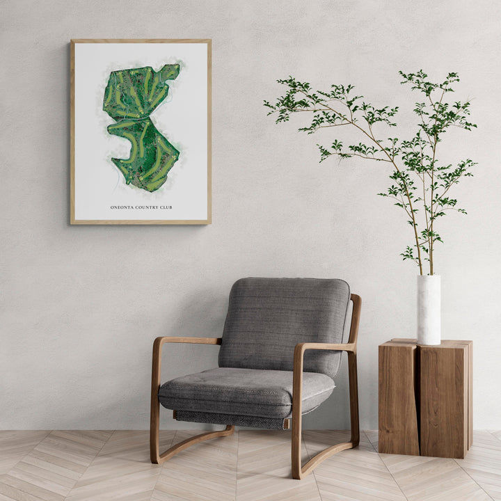 Classic Map of Oneonta Country Club with a comfy armchair and large plant