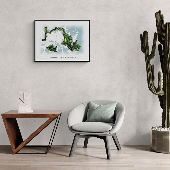 Classic Map of The Links At Lighthouse Sound in a living room with large cactus plant