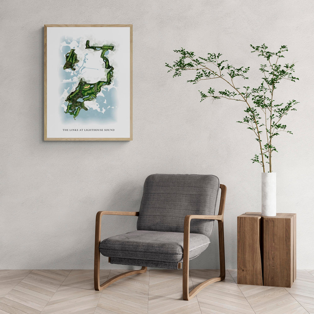 Classic Map of The Links At Lighthouse Sound with a comfy armchair and large plant