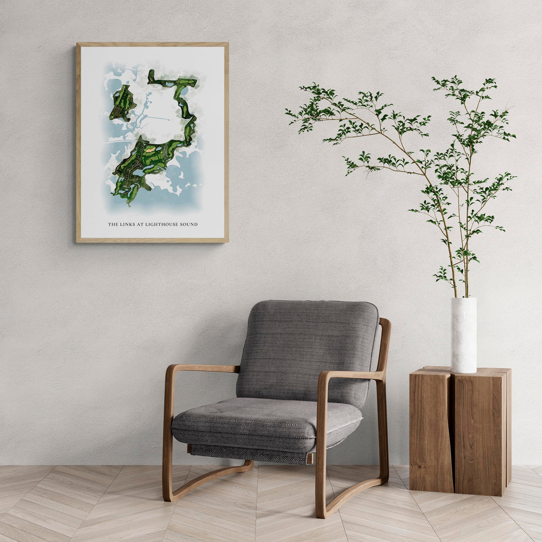 Classic Map of The Links At Lighthouse Sound with a comfy armchair and large plant
