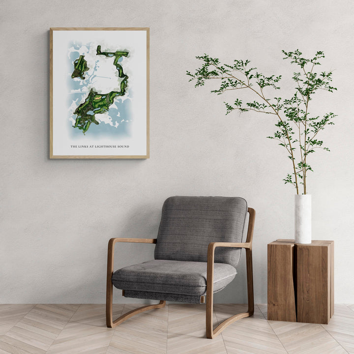 Classic Map of The Links At Lighthouse Sound with a comfy armchair and large plant