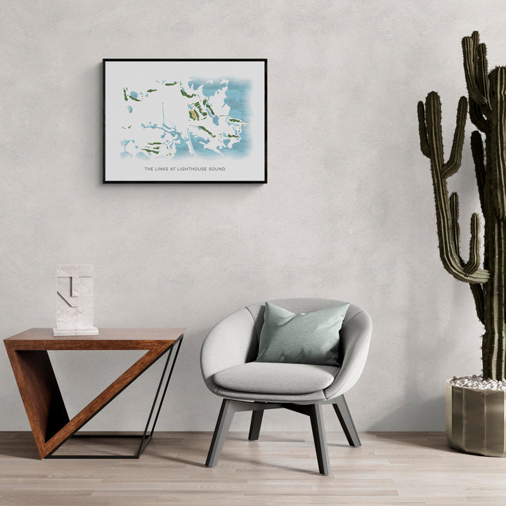 Modern Map of The Links At Lighthouse Sound in a living room with large cactus plant