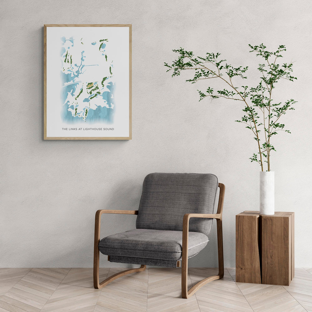 Modern Map of The Links At Lighthouse Sound with a comfy armchair and large plant