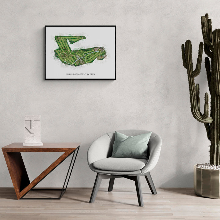 Classic Map of Maplewood Country Club in a living room with large cactus plant