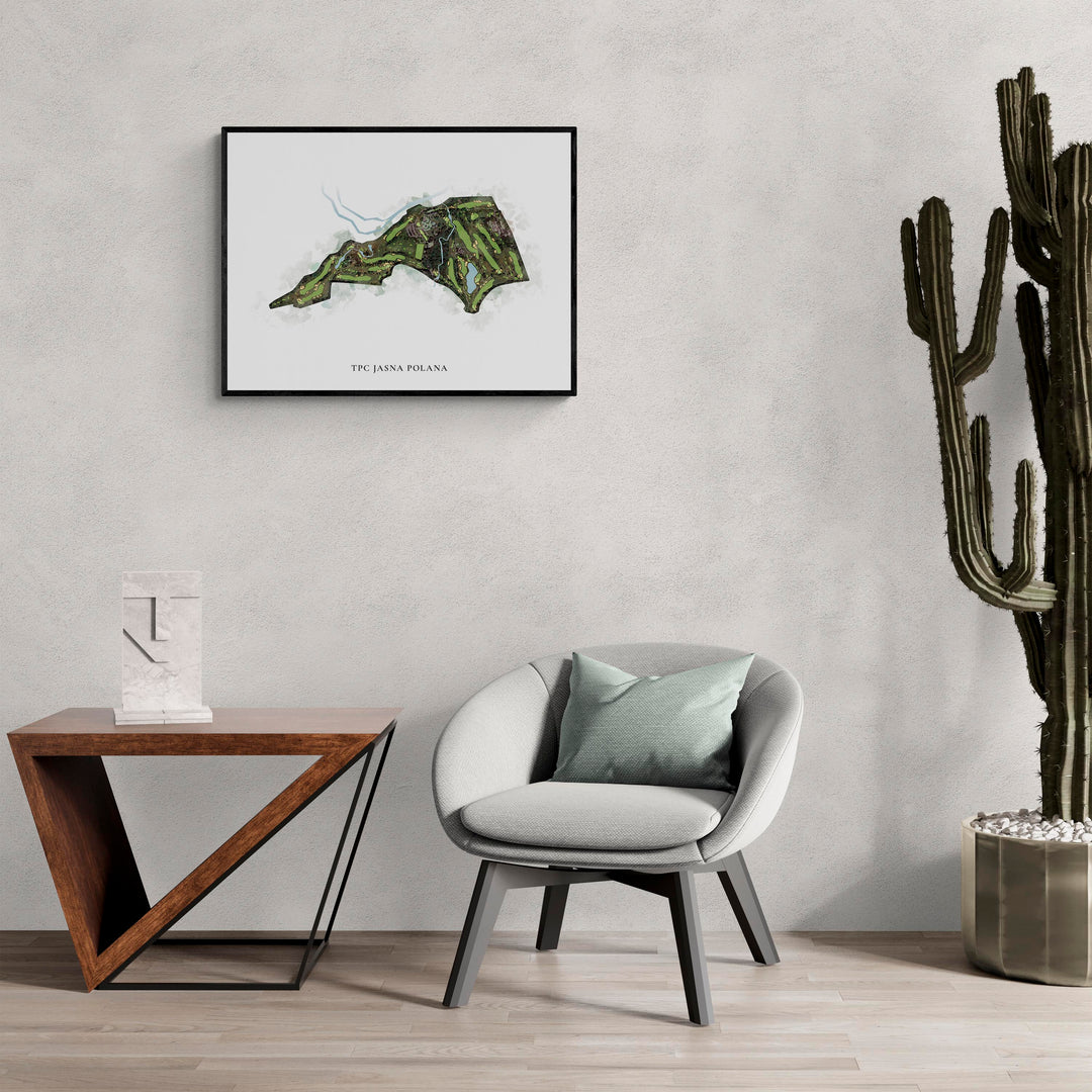 Classic Map of Tpc Jasna Polana in a living room with large cactus plant