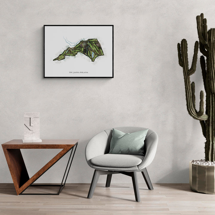 Classic Map of Tpc Jasna Polana in a living room with large cactus plant