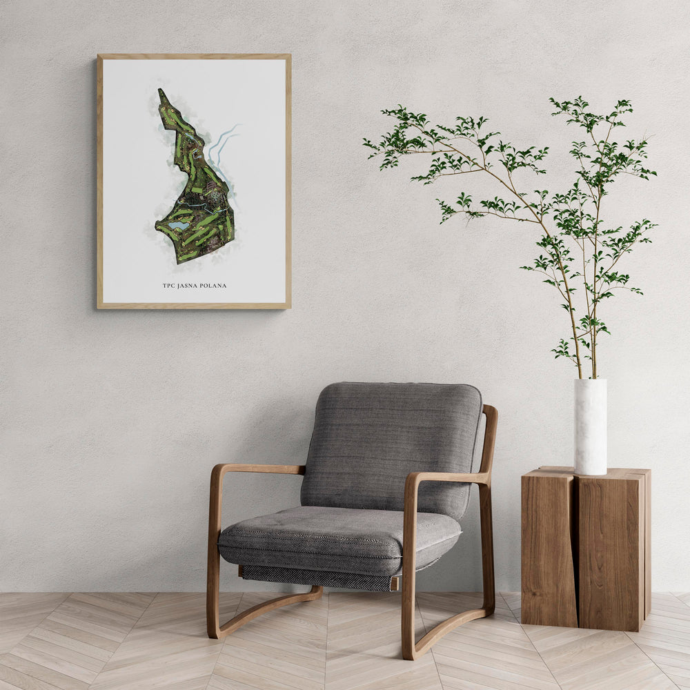 Classic Map of Tpc Jasna Polana with a comfy armchair and large plant