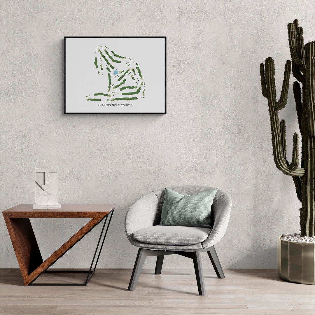 Modern Map of Rutgers Golf Course in a living room with large cactus plant
