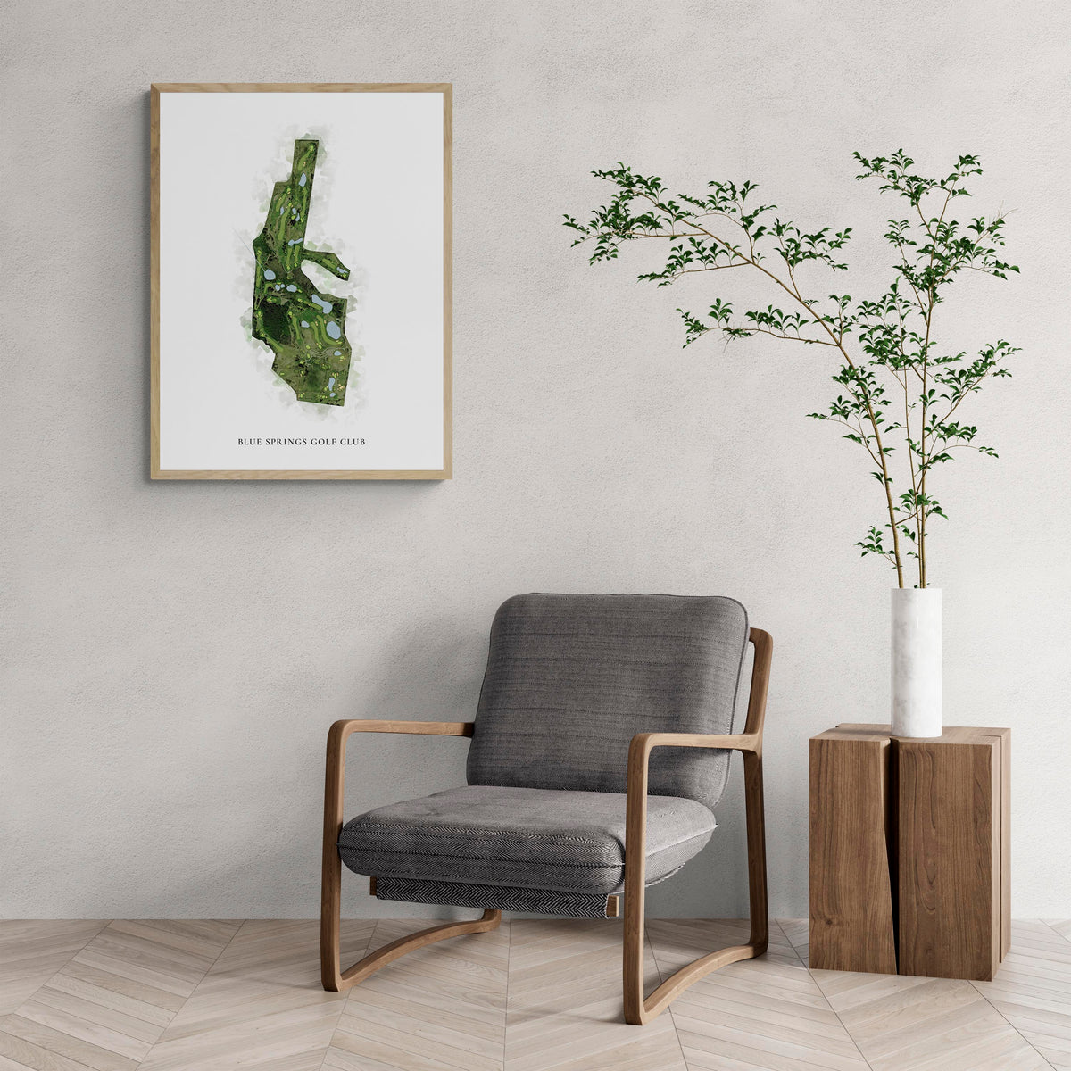 Classic Map of Blue Springs Golf Club with a comfy armchair and large plant