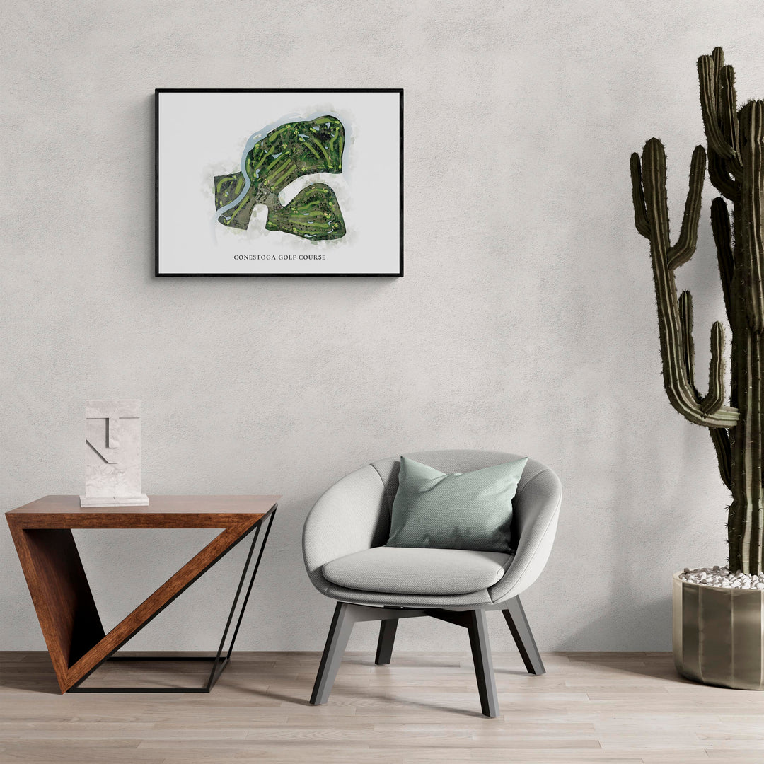 Classic Map of Conestoga Golf Course in a living room with large cactus plant