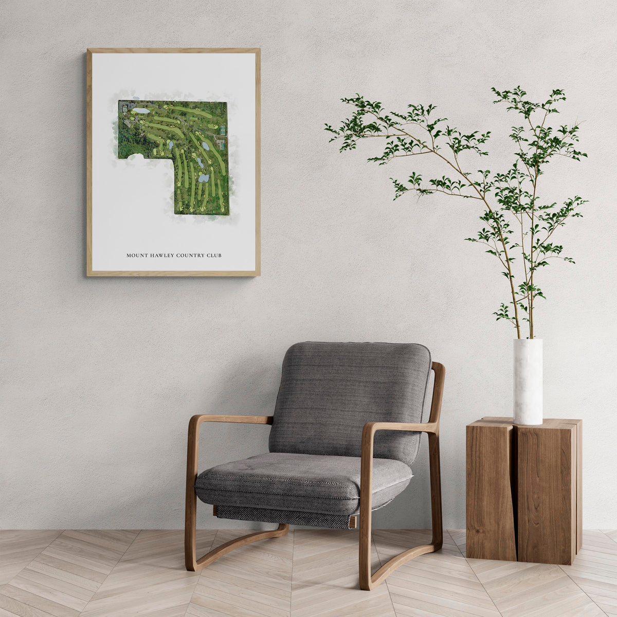 Classic Map of Mount Hawley Country Club with a comfy armchair and large plant