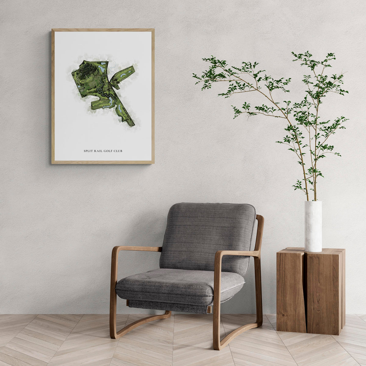 Classic Map of Split Rail Golf Club with a comfy armchair and large plant