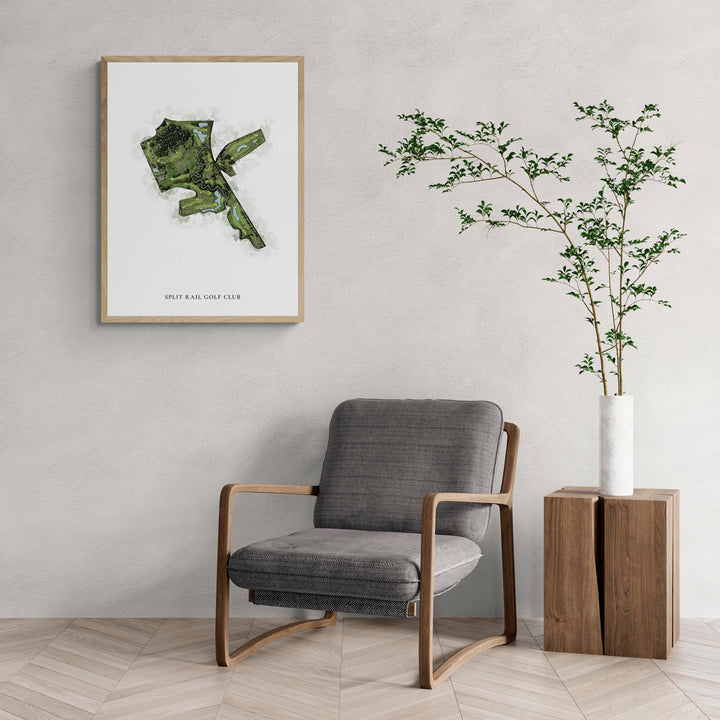Classic Map of Split Rail Golf Club with a comfy armchair and large plant