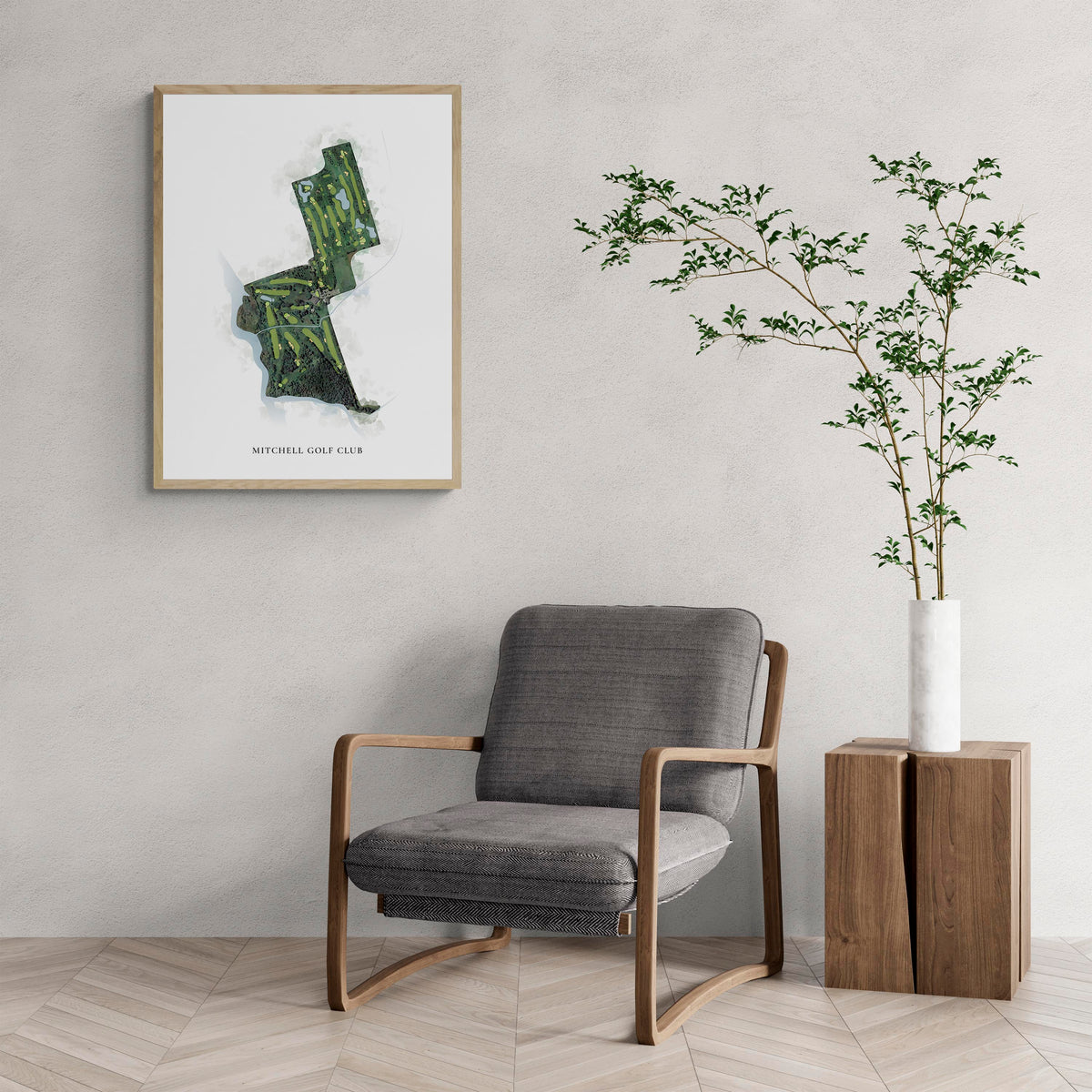 Classic Map of Mitchell Golf Club with a comfy armchair and large plant