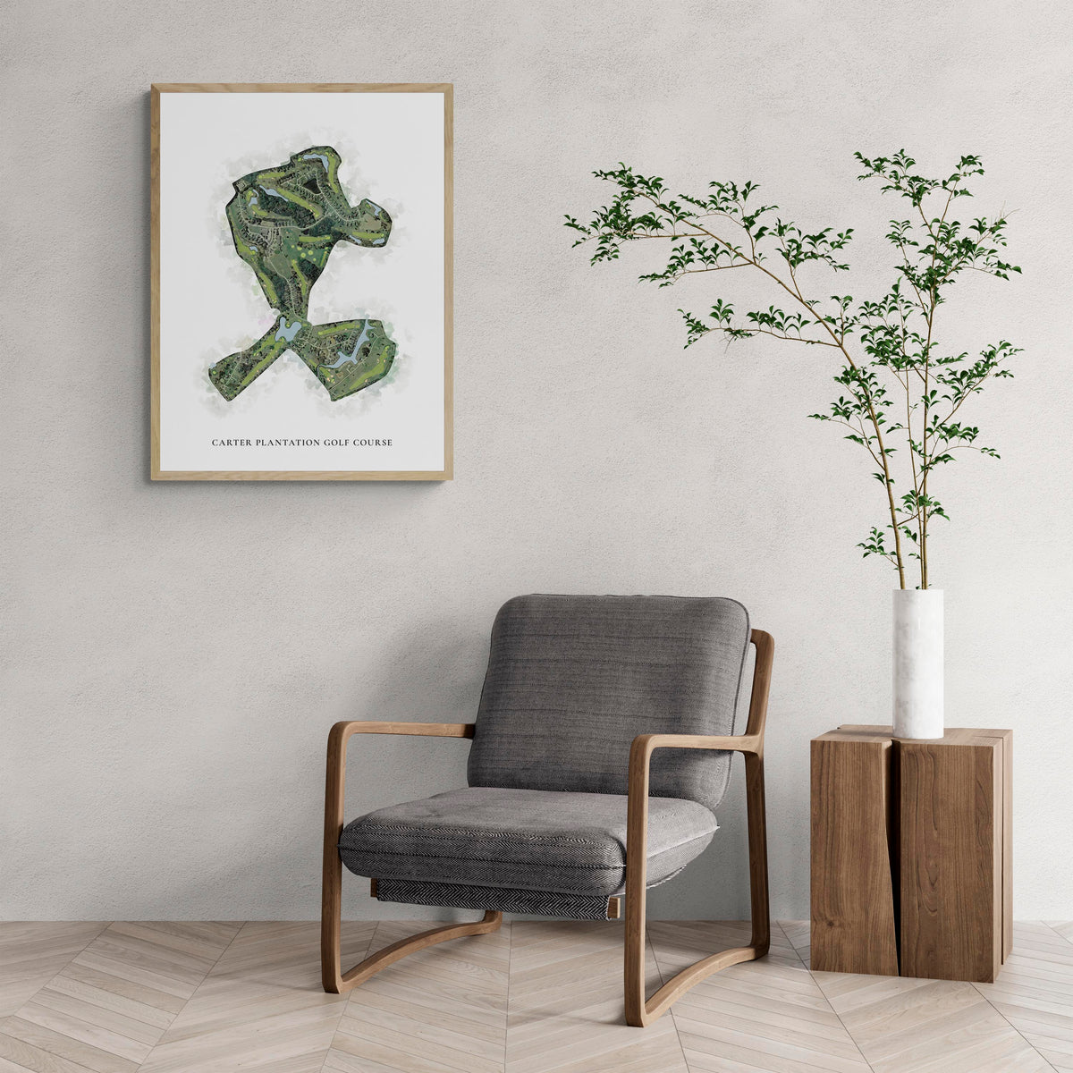 Classic Map of Carter Plantation Golf Course with a comfy armchair and large plant
