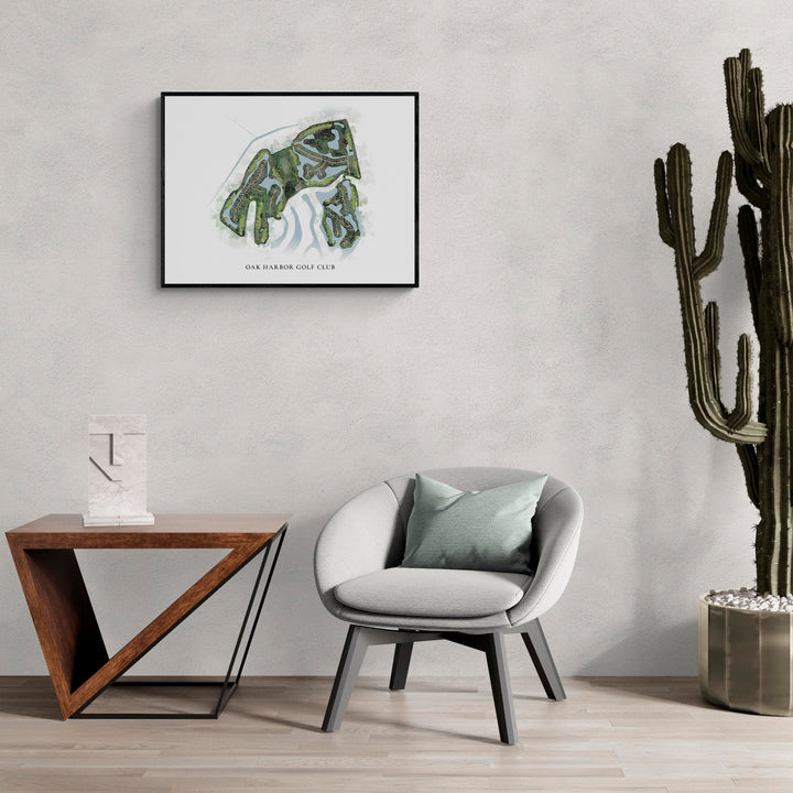 Classic Map of Oak Harbor Golf Club in a living room with large cactus plant