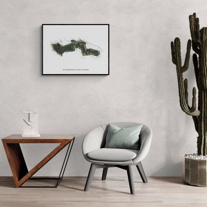 Classic Map of Marshwood Golf Course in a living room with large cactus plant