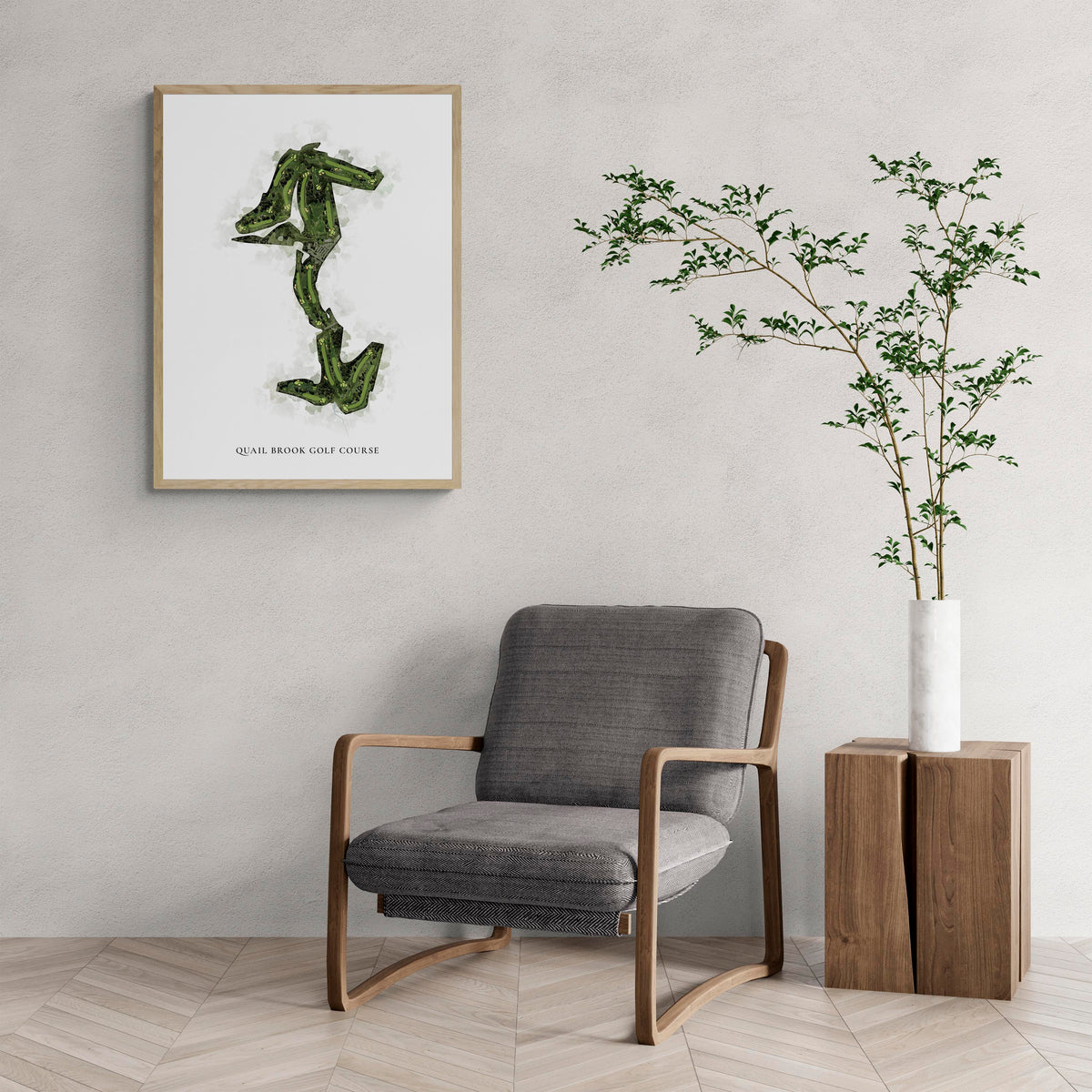 Classic Map of Quail Brook Golf Course with a comfy armchair and large plant