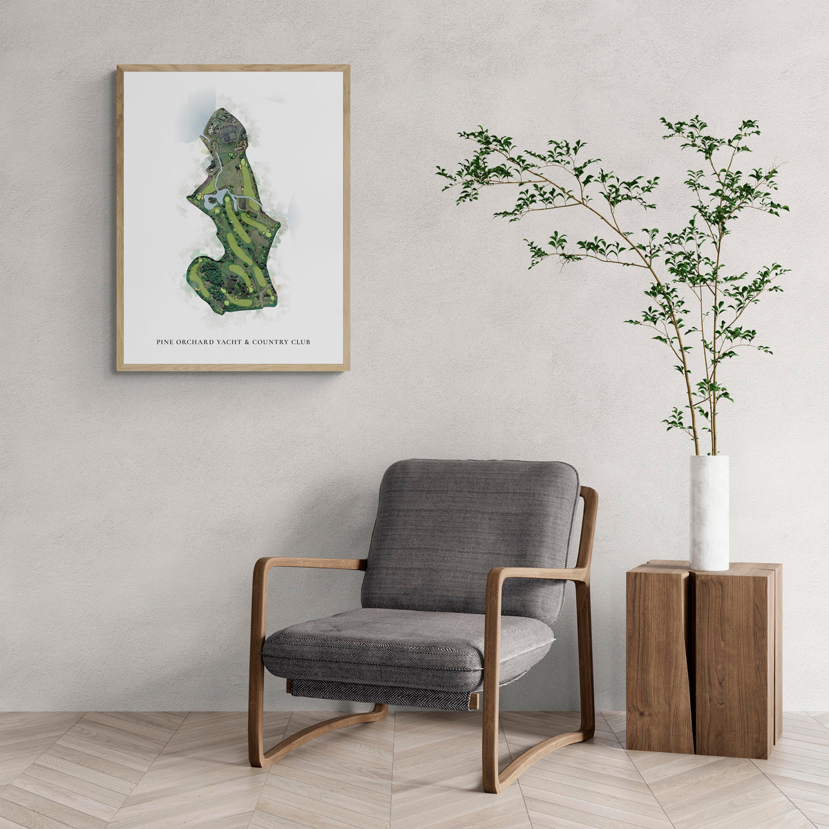 Classic Map of Pine Orchard Yacht & Country Club with a comfy armchair and large plant