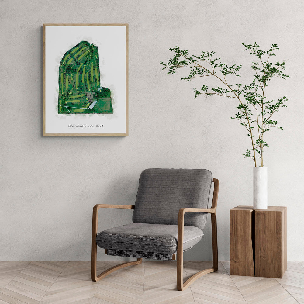 Classic Map of Mattawang Golf Club with a comfy armchair and large plant