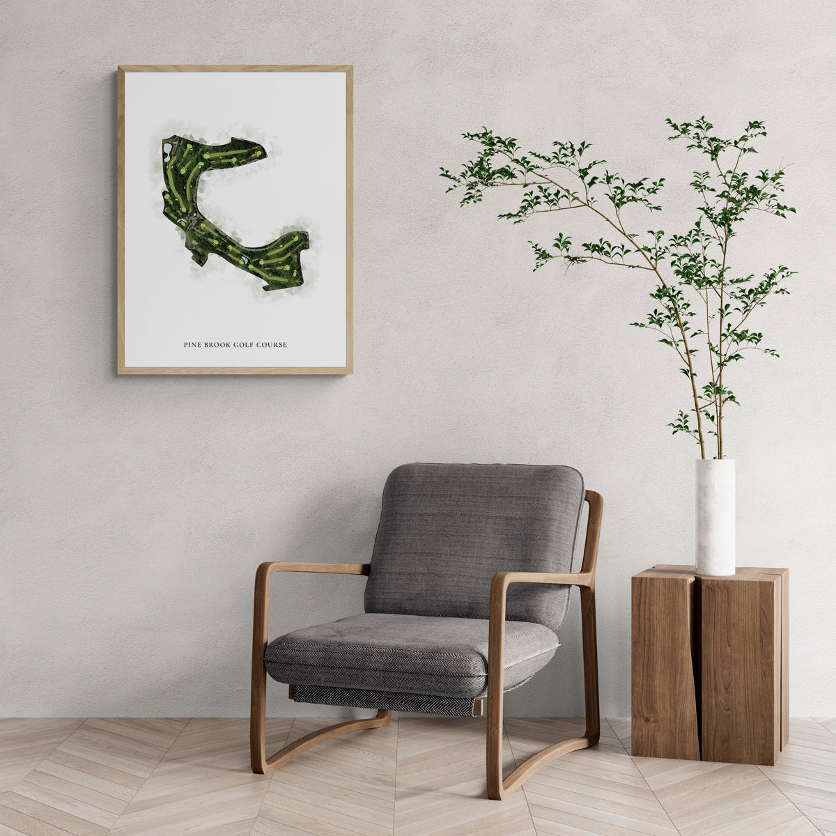 Classic Map of Pine Brook Golf Course with a comfy armchair and large plant